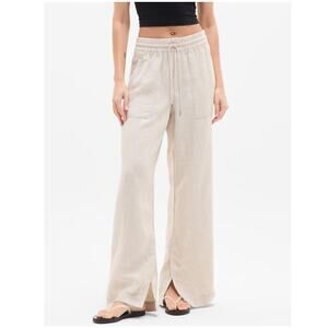 ATHLETA Retreat Linen High Rise Wide Leg Pants Elastic Waist Beige Womens Size S